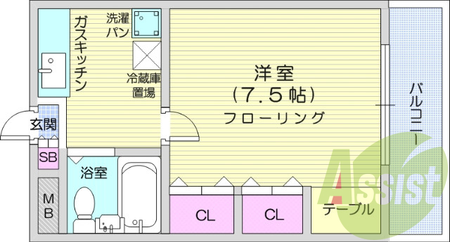 1K、エアコン、フローリング、バルコニー