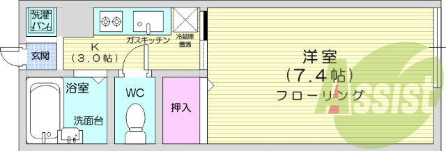1K、エアコン、フローリング、ガスコンロ