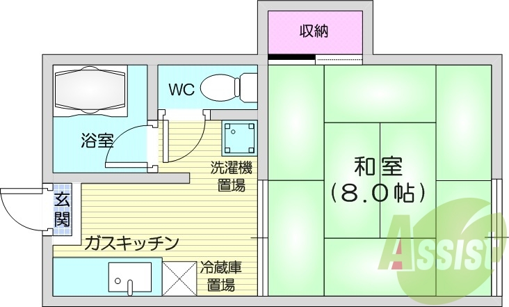 1K、バス・トイレ別、収納、エアコン、室内洗濯機置き場