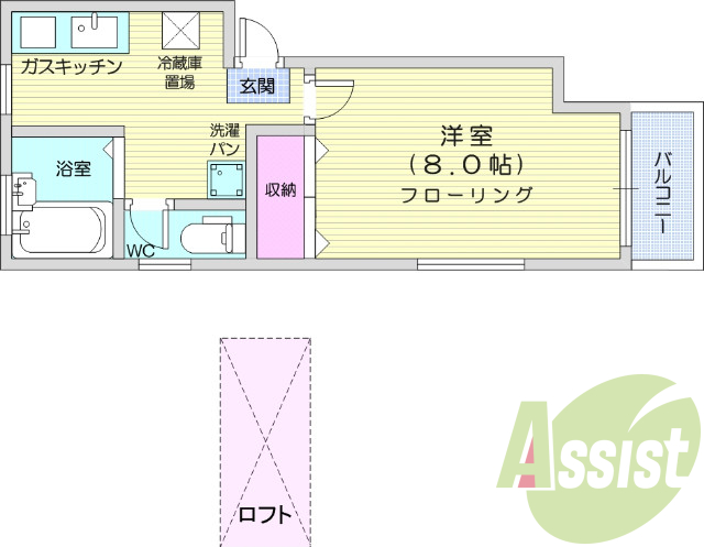 1K、追い焚き機能、ウォッシュレット付きトイレ、ロフト