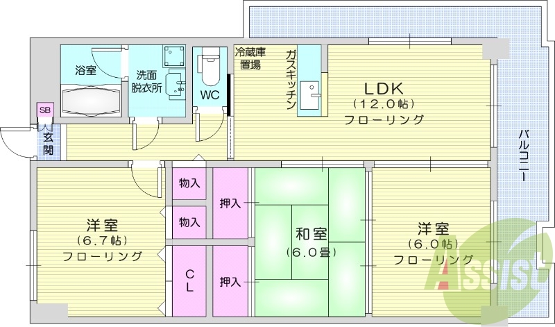 3LDK、角部屋、カウンターキッチン、都市ガス、追い焚き