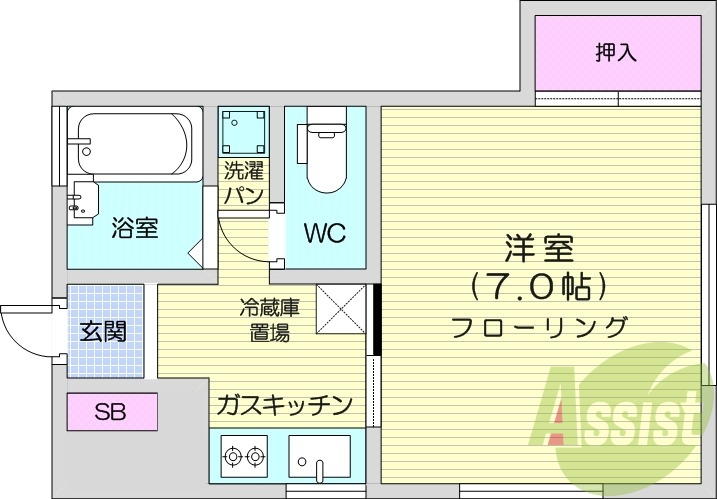 1K、バストイレ別、洗濯機、冷蔵庫、モニター付きインターホン