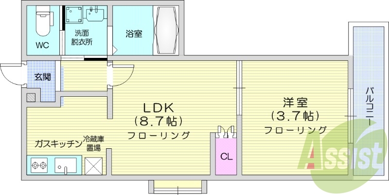 1LDK、バス・トイレ別、温水洗浄付便座、室内洗濯機置場