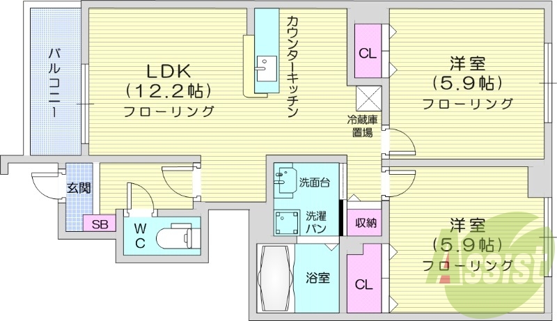 ※反転タイプ。バストイレ別、LDK12.2帖、日当たり良好