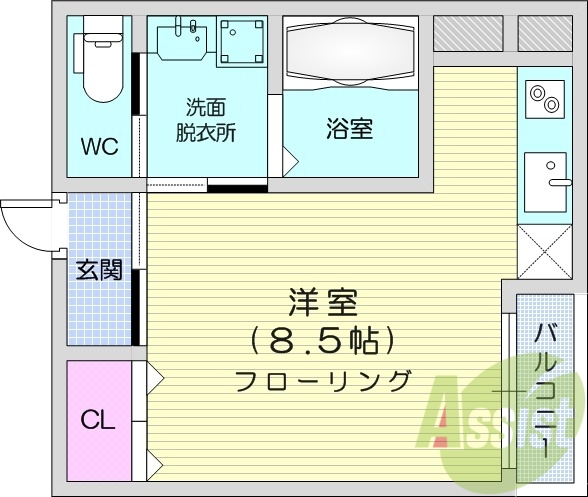 1R、バルコニー、バストイレ別、オートロック