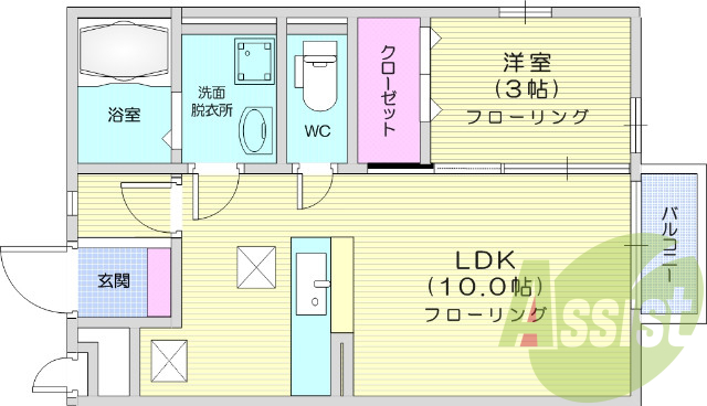 1LDK、エアコン、クローゼット、バス トイレ別