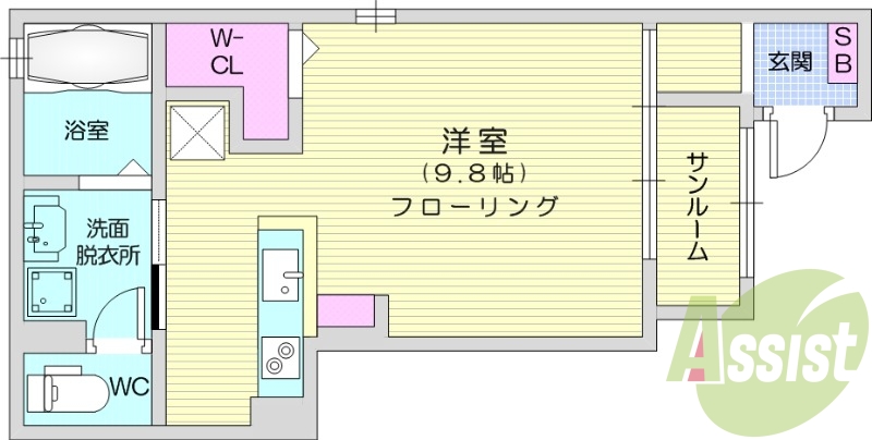 1R、エアコン、システムキッチン、独立洗面台