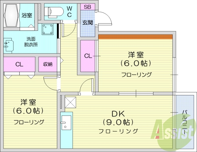 2DK、陽当たり良好、バストイレ別、バルコニー付
