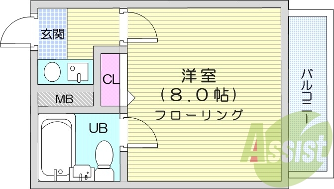 １K、バス・トイレ同室、エアコン、室内洗濯機置場