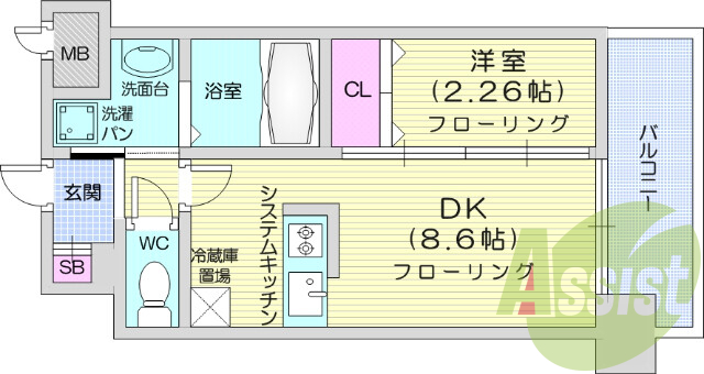 1DK、浴室乾燥、モニタ付きインターフォン、システムキッチン