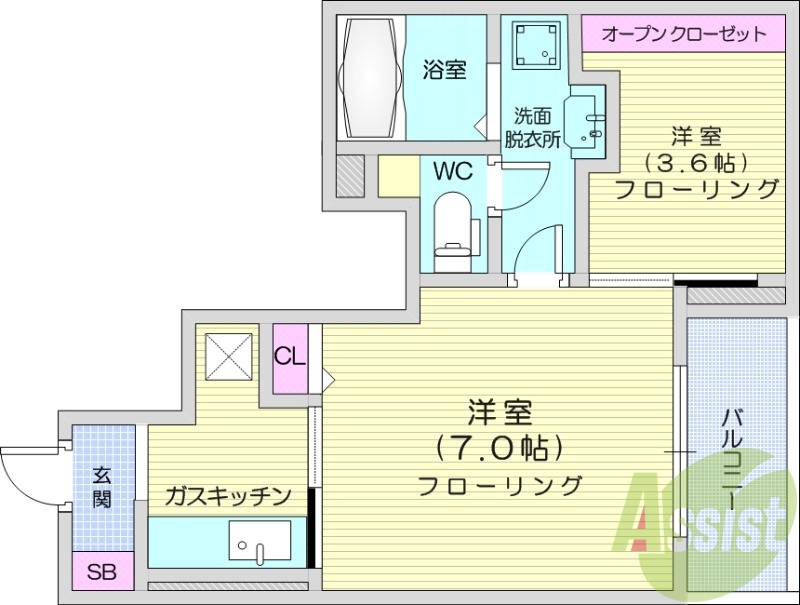 1SK、バルコニー、浴室乾燥機、西向き、バストイレ別、給湯