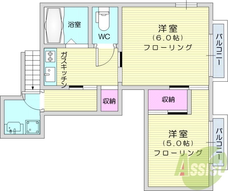 2K、都市ガス、バストイレ別、独立洗面台
