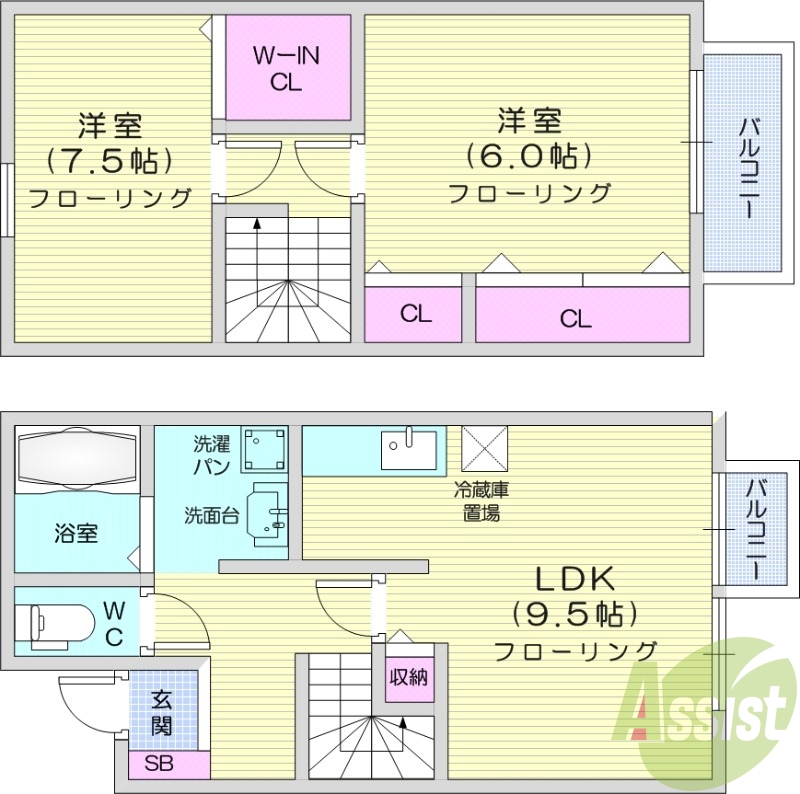 2LDK、メゾネット、陽当たり良好、室内洗濯置場