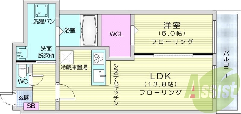 1LDK、システムキッチン、モニター付インターホン、B・T別