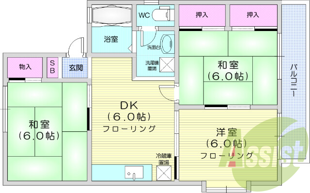 3DK、バストイレ別、温水洗浄便座付き、室内洗濯置場