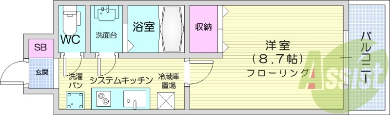 １K、エアコン、バストイレ別、シューズボックス