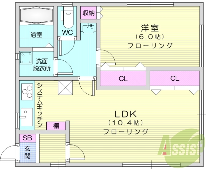 1LDK、システムキッチン、エアコン2台、都市ガス、食器棚