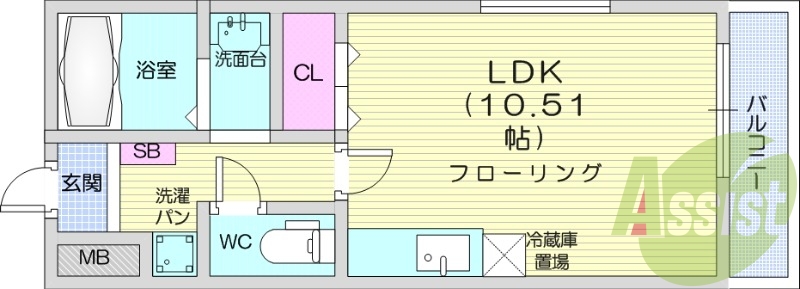 1R、バストイレ別、エアコン、独立洗面台。室内洗濯機置場