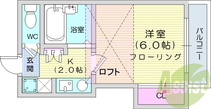 1K、エアコン、バス・トイレ別、室内洗濯機置場、収納