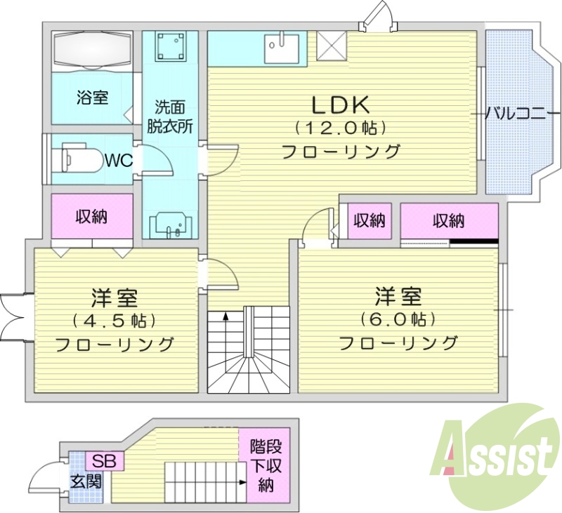 2LDK、独立洗面台、バストイレ別、インターネット無料