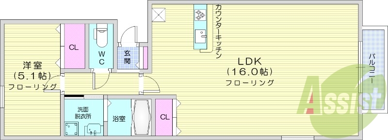 1LDK、バストイレ別、バルコニー、クローゼット