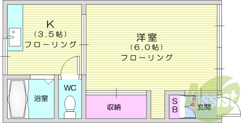 1K、エアコン、室内洗濯機置場、コンロ設置可