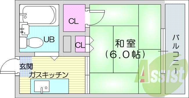 1K、和室、ユニットバス、エアコン、ベランダ