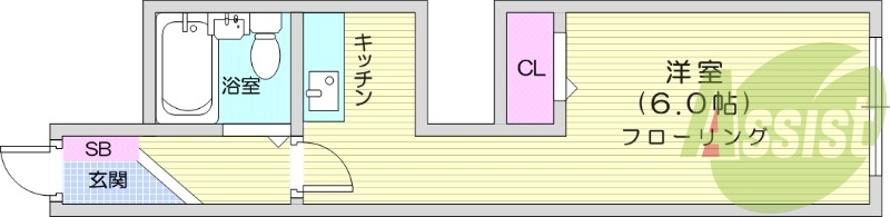 1R、バストイレ同室、収納、シューズボックス