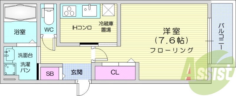 1K、バストイレ別、都市ガス、室内洗濯機置場
