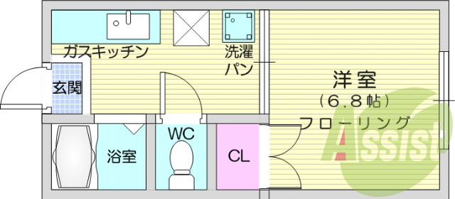 1K、エアコン、バストイレ別、室内洗濯機置き場