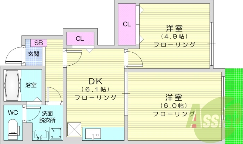 2DK、バストイレ別、洗面所独立、追い焚き機能