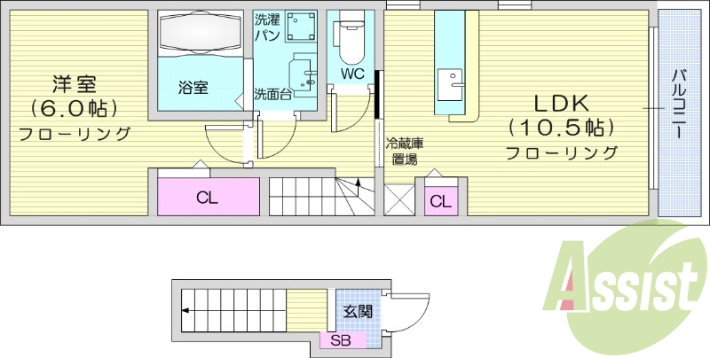 1LDK、追い焚き機能付き浴室、独立洗面化粧台有り