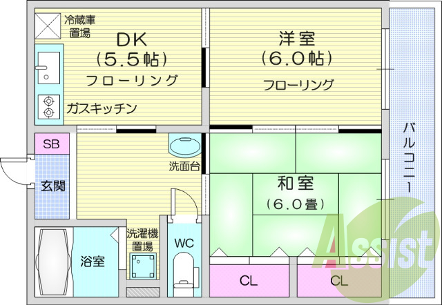 ２DK、洋室、独立洗面台、都市ガス、水道代定額