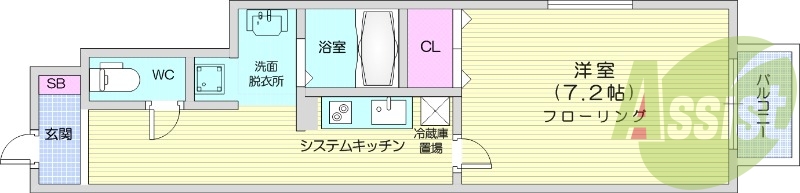 １K、浴室乾燥、フローリング、バルコニー