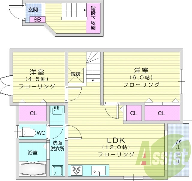 2LDK、温水洗浄便座、独立洗面台、モニター付きインターホン