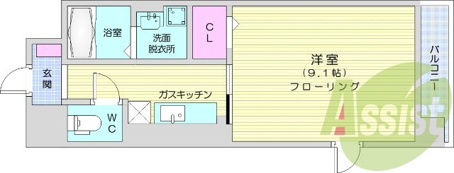 1K、都市ガス、防犯カメラ、オートロック、浴室乾燥機