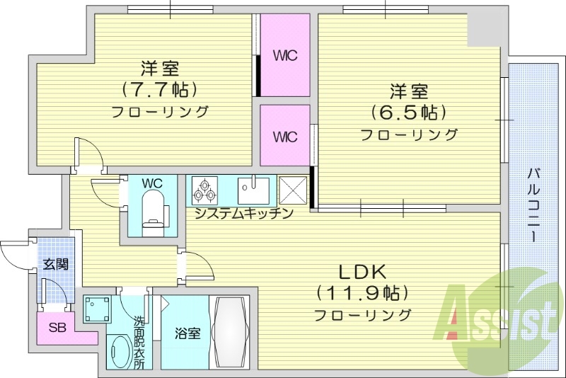 2LDK、フローリング、エアコン、バルコニー