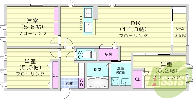 3LDK、システムキッチン、オートロック、エアコン
