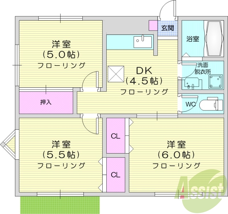 3DK、エアコン、室内洗濯機置場、モニター付きインターホン