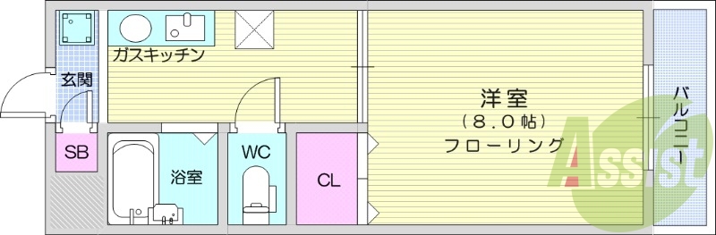 1K、エアコン、バルコニー、フローリング、シューズボックス