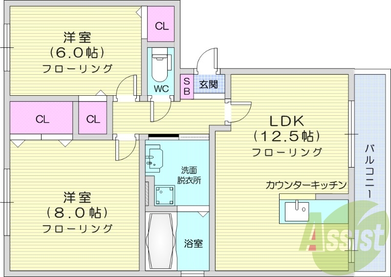 2LDK、浴室乾燥機、カウンターキッチン、