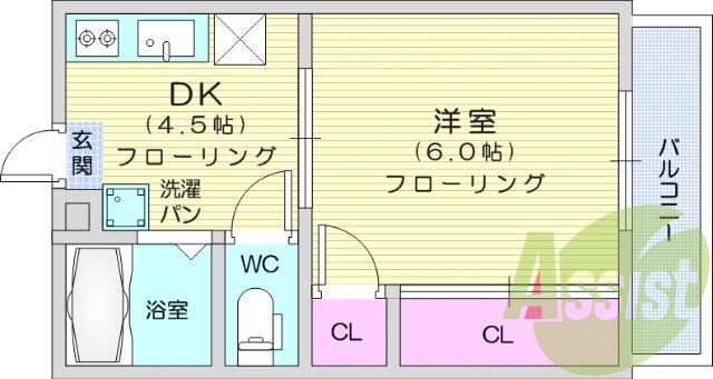 1DK、B/T別、洗面台、ガスコンロ可、収納スペース。