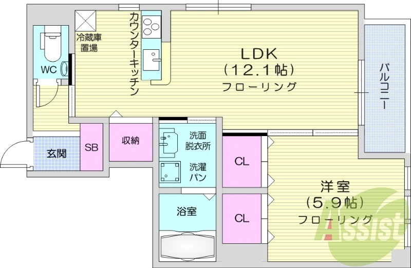 1LDK、シャーメゾン、収納多数、都市ガス