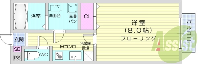 1K、クローゼット、バルコニー、脱衣所、バストイレ別