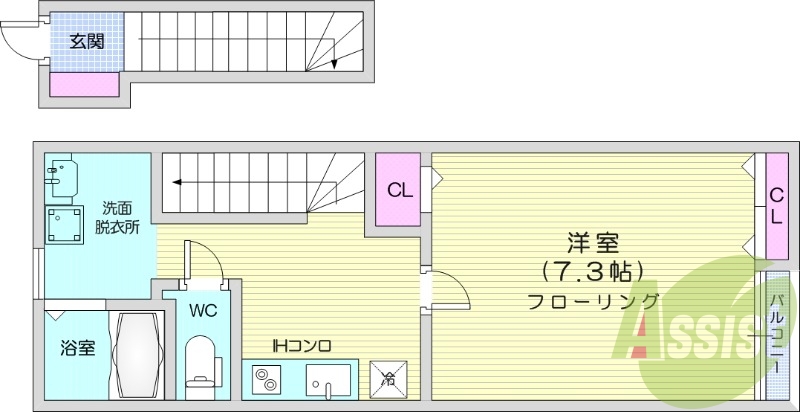 1K、エアコン、室内洗濯機置き場、トイレ浴室別、収納
