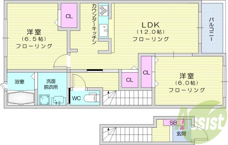 2LDK、エアコン、温水洗浄便座、洗面所独立