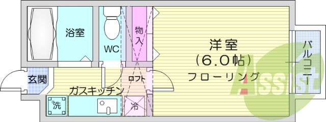 1K、ロフト、フローリング、ネット無料、バストイレ別