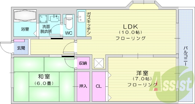 2LDK、追い焚き、洗面化粧台、南向き、エアコン