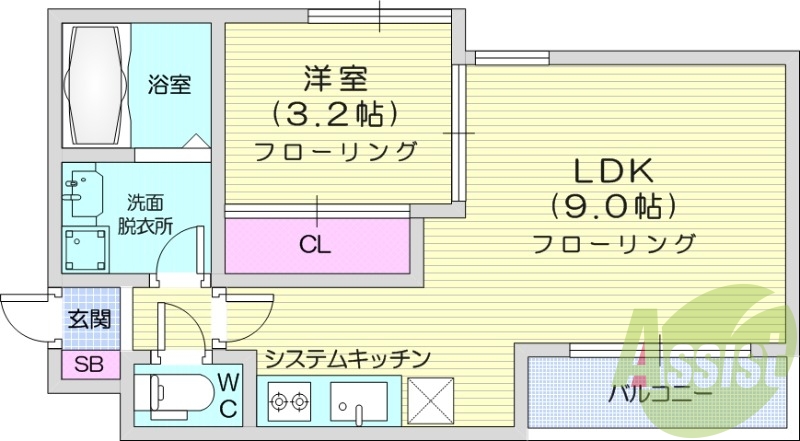 1LDK、システムキッチン、エアコン、浴室乾燥機
