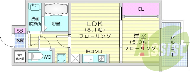 １LDK、フローリング、モニター付インターホン、バルコニー